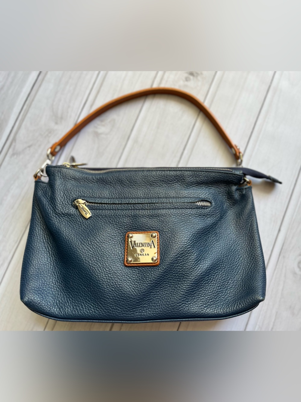 Valentina Italia blue pebbled leather shoulder bag purse & smooth leather strap